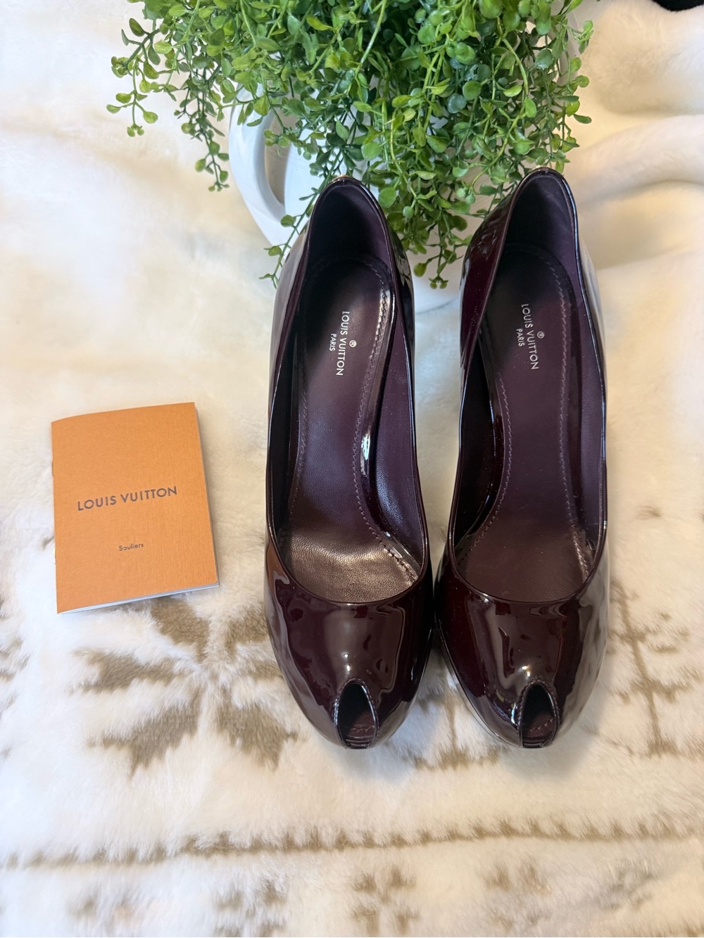 Louis Vuitton Deep Wine Patent Peep-Toe Pumps